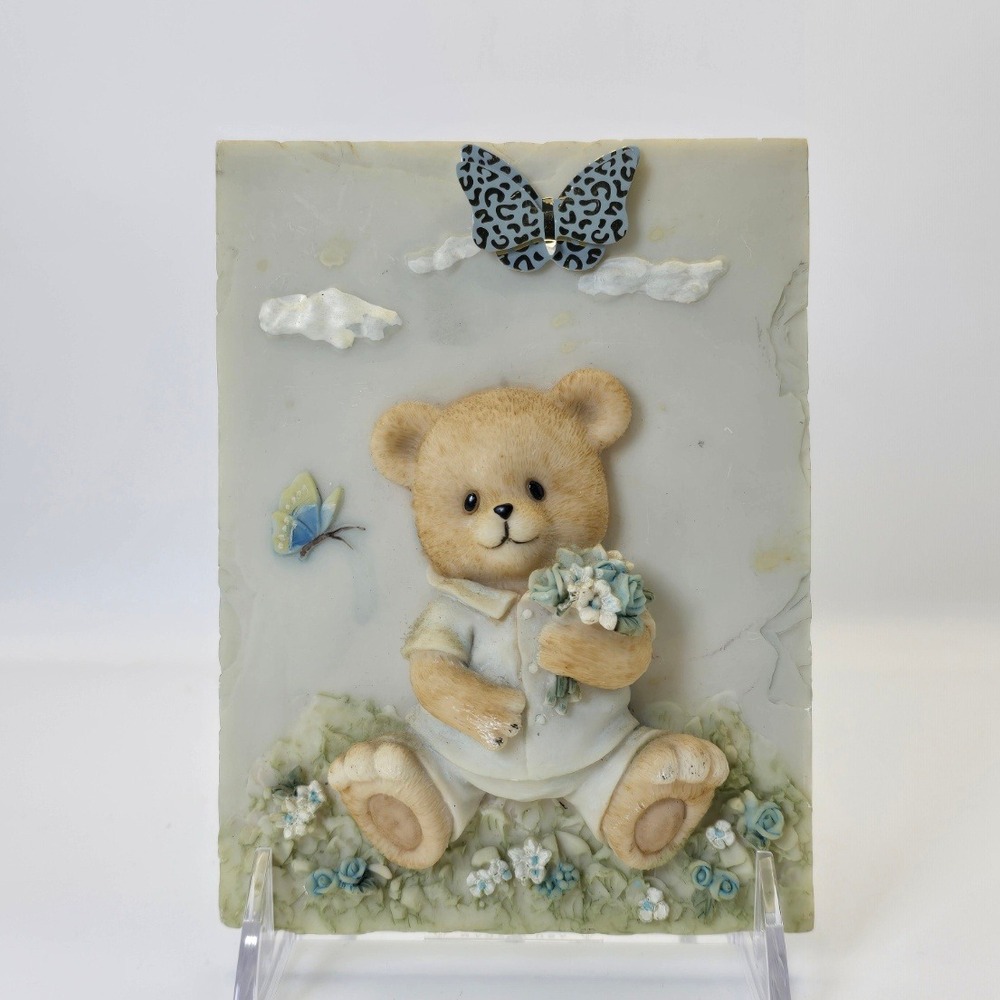 VTG SHIAH YIH Teddy Bear Wall Plaque 3D Resin Nursery Decor Blue White Flower